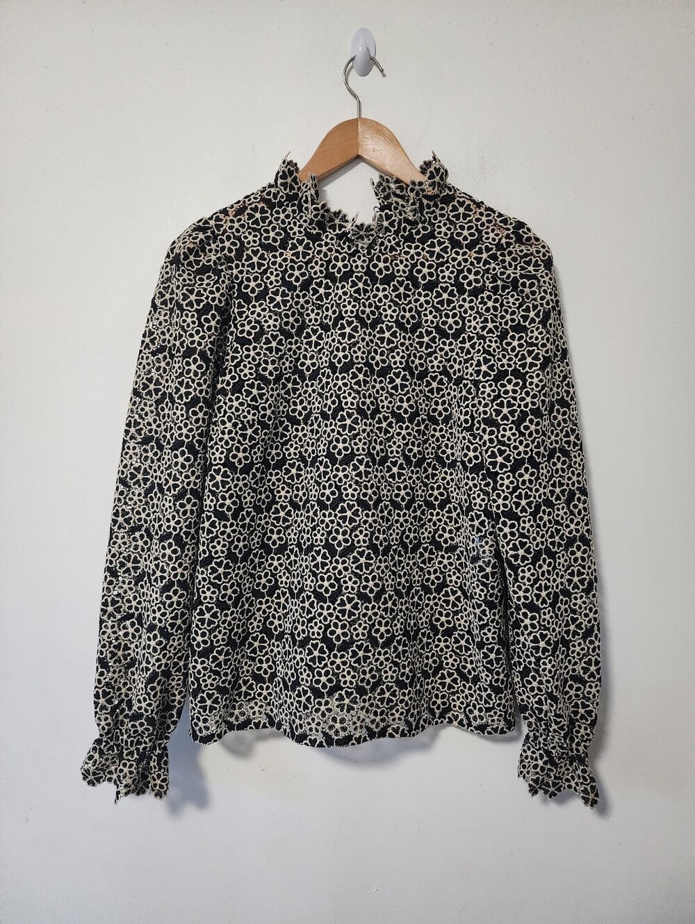 Sezane Black and Cream Floral Ruffle-Neck Blouse - Picture 2 of 8